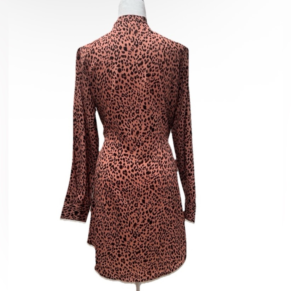 Pink Leopard Print Tie Waist Collarless Shirt Dress 4 - Picture 6 of 7